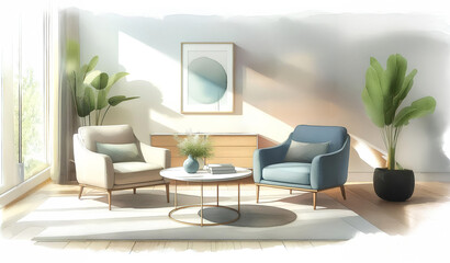  Watercolor minimalist living room with comfortable armchairs and plants
