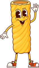 Rigatoni Italian pasta groovy cute character. Italian restaurant wheat pasta happy groovy character, Rigatoni noodle dish or Italy cuisine menu meal 60s 70s hippie isolated vector funny personage