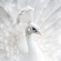 Close-up of a White Peacock's Feathers with Its Head and Eye Visible.