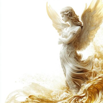 Peaceful angel on golden waves, perfect for spiritual themes with copy space and white background