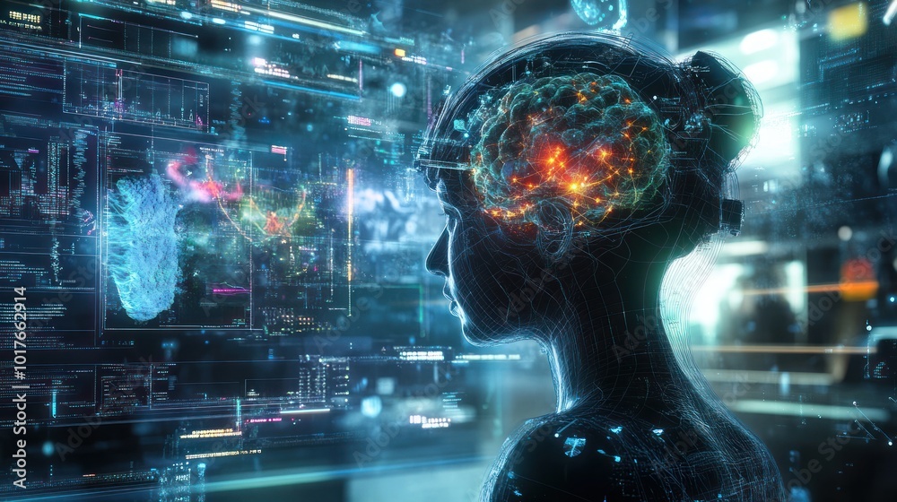 Poster digital brain with virtual reality integration, blending ai with immersive environments for real-tim