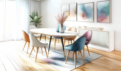 Fototapeta premium Watercolor a modern dining room with a large oval table and colorful chairs