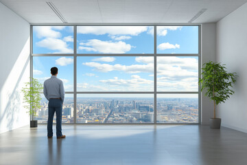 Fototapeta premium Businessman Standing in Office Room with City View
