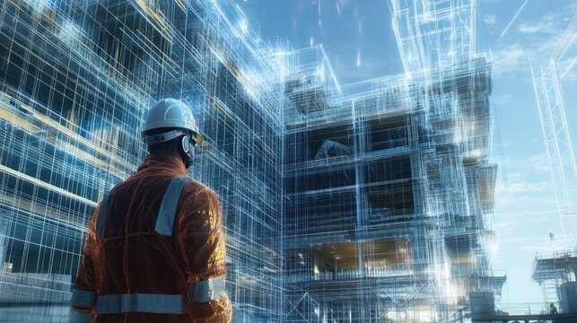 Digital construction worker (working with AI or tech), integrating AI for tasks such as 3D modeling, project management, and real-time data analysis.