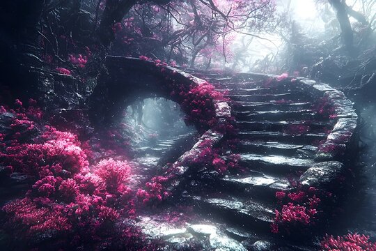 A stone staircase winds its way through a mysterious, misty forest, surrounded by vibrant pink blossoms.