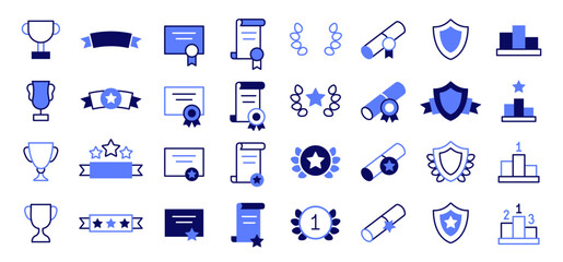 Set of awards trophy. Winner first place concept. Collection of icons of awards, certificates, diplomas, laurel wreaths, trophy cups, awards ribbons. Duo-color. Vector illustration in bisuness style