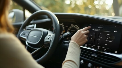 Driver interacting with touchscreen display in a modern car during a sunny afternoon