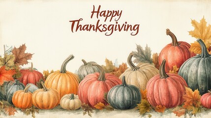 Happy Thanksgiving greetings text above the pumpkins and autumn leaves arrangement. Ideal for seasonal greeting cards, invitations, Thanksgiving, harvest season