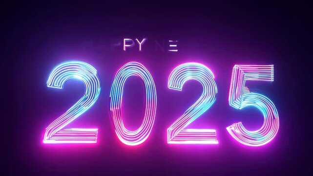 Happy New Year 2025: Neon Light Trails Form the Numbers 2025 with a Festive Greeting