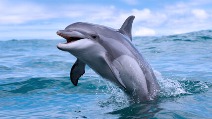 Fototapeta premium Beautiful Dolphin jumping out of the ocean with clouds, HD Image wallpaper background.