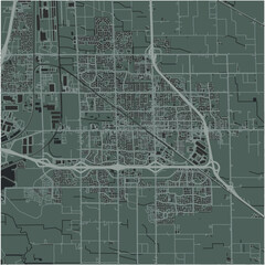 Map of Manteca in California in a smooth dark style. Contains layered vector with roads water, parks, etc.