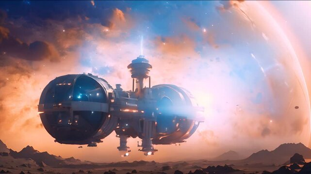 Futuristic space station floating above an alien world, capturing the concept of advanced space exploration, cosmic engineering, and the wonders of intergalactic travel.