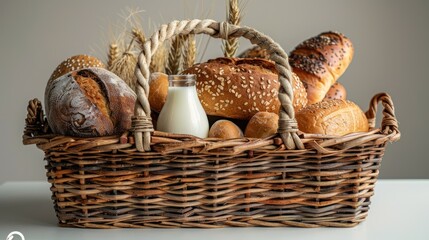 A rustic wicker basket overflowing with fresh-baked bread and a bottle of milk on a serene table setting. Generative AI