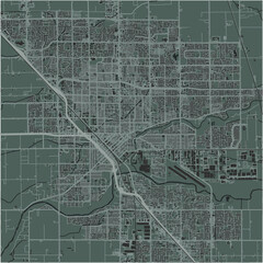 Map of Modesto in California in a smooth dark style. Contains layered vector with roads water, parks, etc.