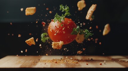 Falling food in stop motion photography Great for animation or creative content that uses stop motion techniques in food advertising or storytelling.