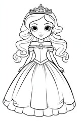 Fototapeta premium Little Princess Coloring page for kids. Princess coloring page black and white for children, isolated lines on a white background.