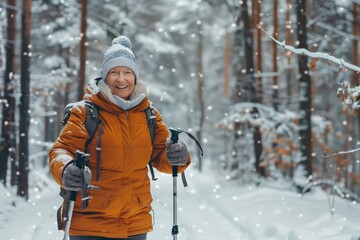 Fototapeta premium Senior smiling sporty woman nordic walk poles winter forest park. AI generative