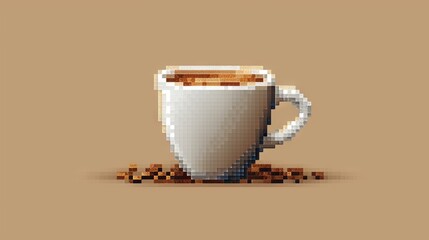 Pixel art style cup of coffee with coffee beans scattered around, set against a beige background