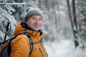 Fototapeta premium Senior smiling sporty man nordic walk poles winter forest park. AI generative