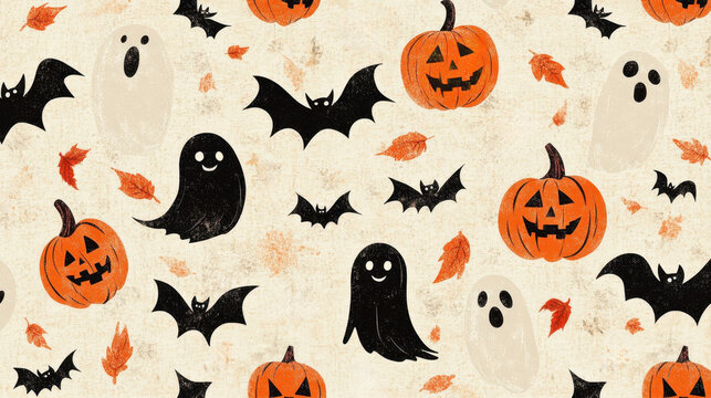 Halloween-themed playful pattern background with ghosts, bats, pumpkins and leaves. perfect for Halloween decorations, party invitations, home decor, fabric prints, Halloween wallpapers