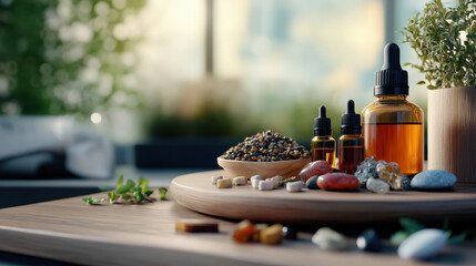Natural remedy station with essential oils, dried herbs, and crystals creates calming atmosphere. This setup promotes wellness and holistic healing