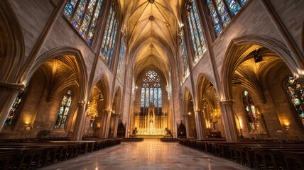 A majestic cathedral-like hall featuring stunning stained glass windows that cast colorful light across the intricate stone carvings adorning the walls.