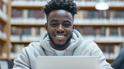 Young man smiles at the camera while studying at a library during the daytime, surrounded by shelves of books