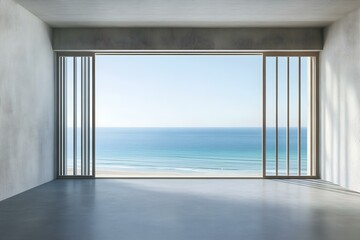 Terrace with window and sea and beach view. Empty room with balcony and overlooking ocean. Gray concrete studio space for luxury travel ads