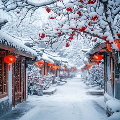 Naklejka premium a beautiful snow scene, the village is covered with snow, white camellia tree, many red flowers, ice flower, many bungalows and trees are covered in snow