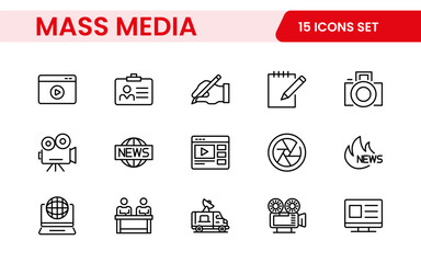 Mass media outline vector icons large set isolated on white background. media business concept. Media outline icons set.