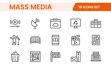 Mass media outline vector icons large set isolated on white background. media business concept. Media outline icons set.