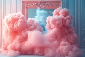 Beautiful pink and blue pastel clouds floating inside an empty baroque picture frame, with soft light and shadows, set against a colorful flat lay backdrop

