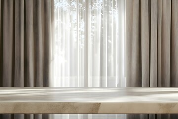 Beige marble table top on window background with curtains in kitchen. Concrete empty countertop for beauty products and food presentation