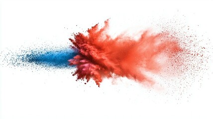Colorful explosion of red and blue powder creating a vibrant display in a white background setting during a celebration or artistic event