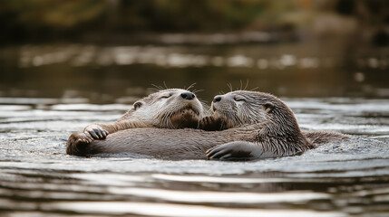 Fototapeta premium Two otters holding hands and hugging, floating down the river on their backs, looking peaceful
