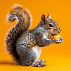 Obraz premium Adorable squirrel with a tiny pumpkin in its paws, set against a vibrant orange background, perfect for autumn-themed visuals.
