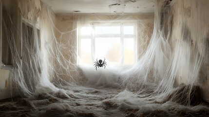 Abandoned Room with Spider Webs and Spider