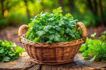 Fresh Green Coriander Leaves in a Rustic Basket - Vibrant Drone Photography for Culinary Use