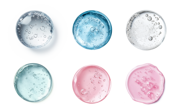 Set of Close up Drop Clear liquid cosmetic product. isolated on white background ,  Gel texture with bubbles, skin care prodict