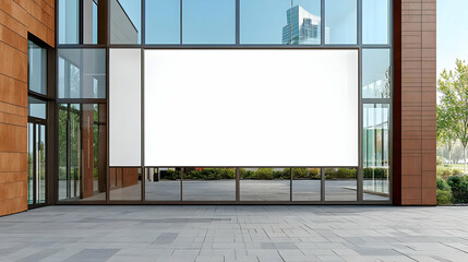 Blank White Banner Mockup on a Glass Building Exterior, a Clear Opportunity for Displaying Advertisements