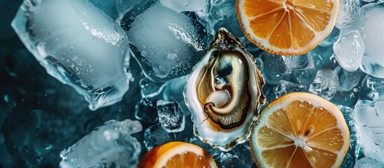 Oyster with sauce and lemon slices on ice