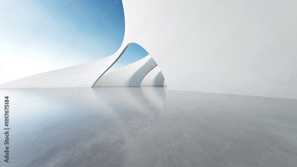 Poster 3d render of white futuristic architecture, abstract wavy structure with empty concrete floor