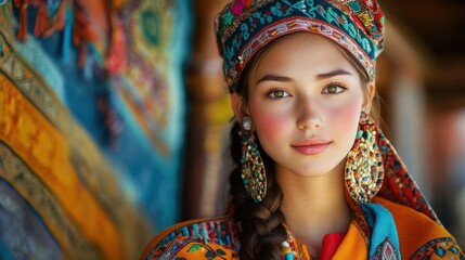 Fototapeta premium Lovely young lady in traditional attire Commonly used in cultural and fashion photography, showcasing traditional clothing from various cultures.