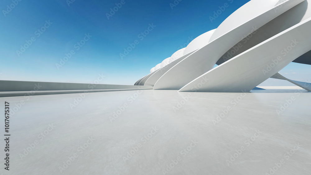 Poster 3d render of white futuristic architecture, abstract wavy structure with empty concrete floor