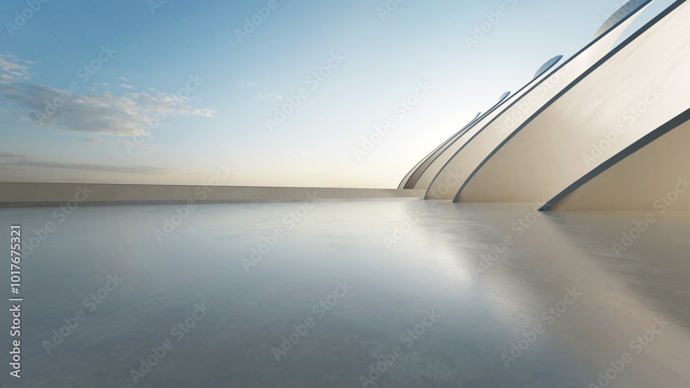 Poster 3d render of white futuristic architecture, abstract wavy structure with empty concrete floor