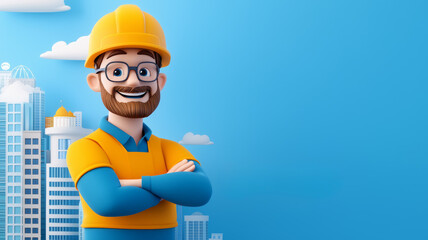 A construction worker with glasses and a hard hat smiles in front of a city skyline during daylight