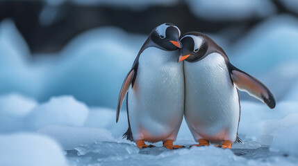 Two penguins hugging with their flippers, standing on the icy ground, showcasing their affection