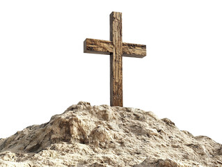 Wooden cross on a rocky mountain peak, isolated on transparent cutout background