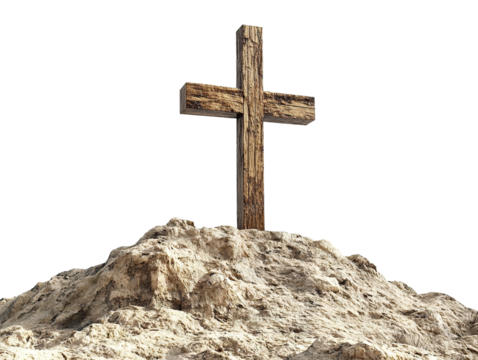 Wooden cross on a rocky mountain peak, isolated on transparent cutout background