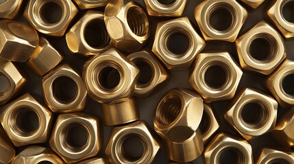 Close-up view of shiny brass nuts arranged on a neutral background, showcasing their intricate details and metallic finishes ideal for industrial and design concepts.